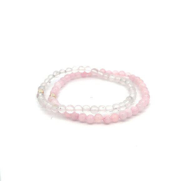 Moonstone & Rose Quartz Gemstone Stretch Bracelet with 14K Gold Accent Bead Hand - Picture 3 of 6